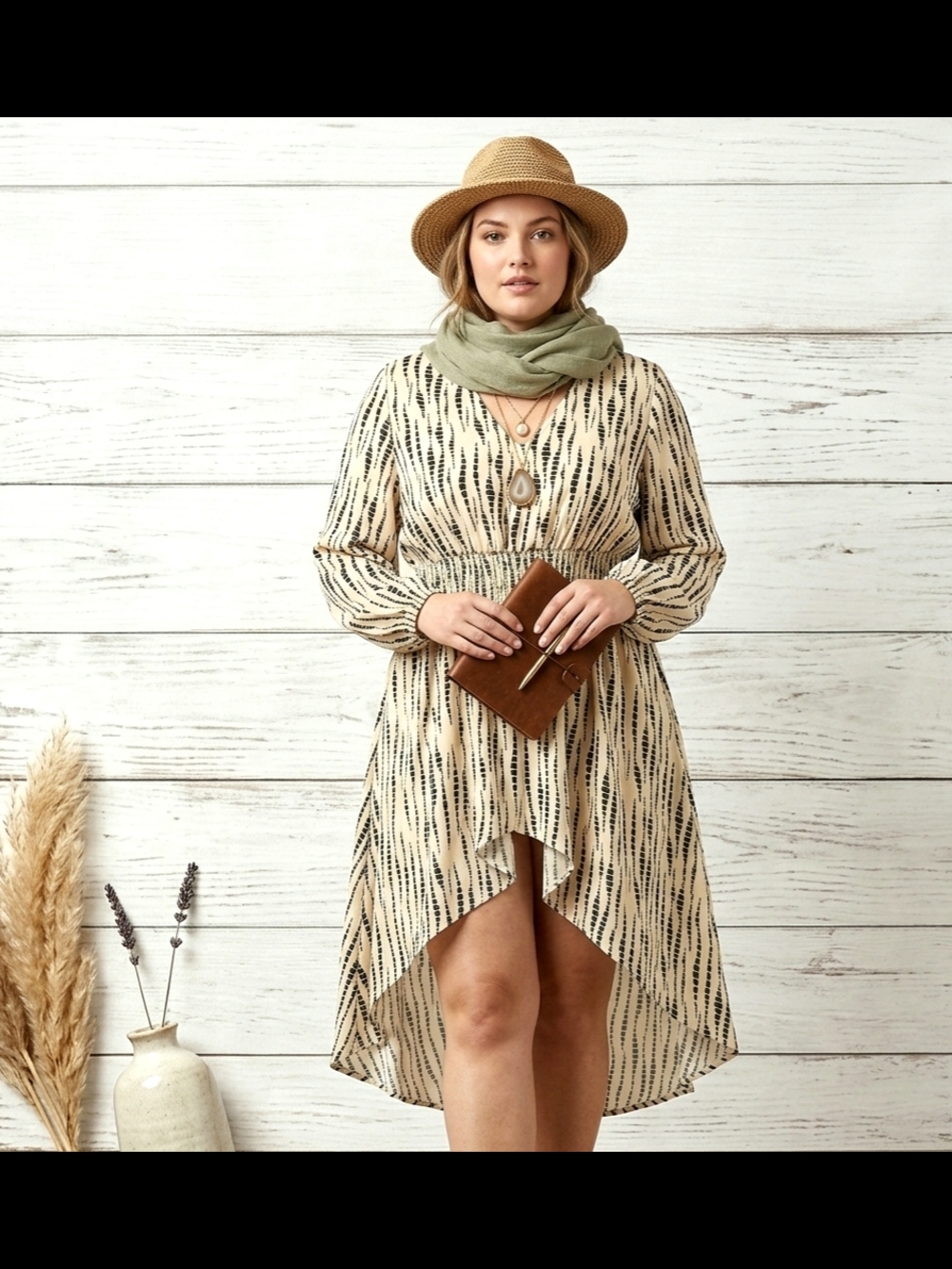 Beige Black Spotted Lines Pattern High Low Fit & Flare Long Sleeve Blouse Large - Picture 3 of 3